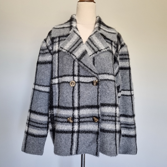 Rachel Zoe Grey & Black Plaid Soft & Cosy Double Breasted Jacket Size L - Picture 2 of 7